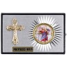 Plaque auto plastique forme rectangle dessus en alu H. 4 x 6 cm avec croix et résine de saint Christophe.