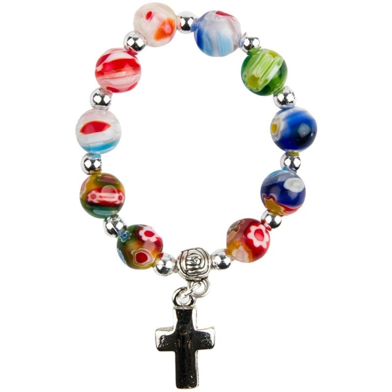 Dizainier sur élastique en verre style Murano multicolore Ø 7 mm croix en métal.