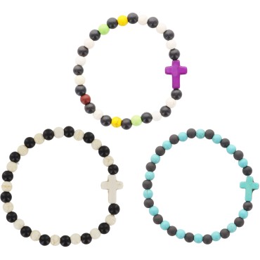 Bracelet sur élastique grains bois de santal et turquoise synthétique, Ø 6 mm avec croix.