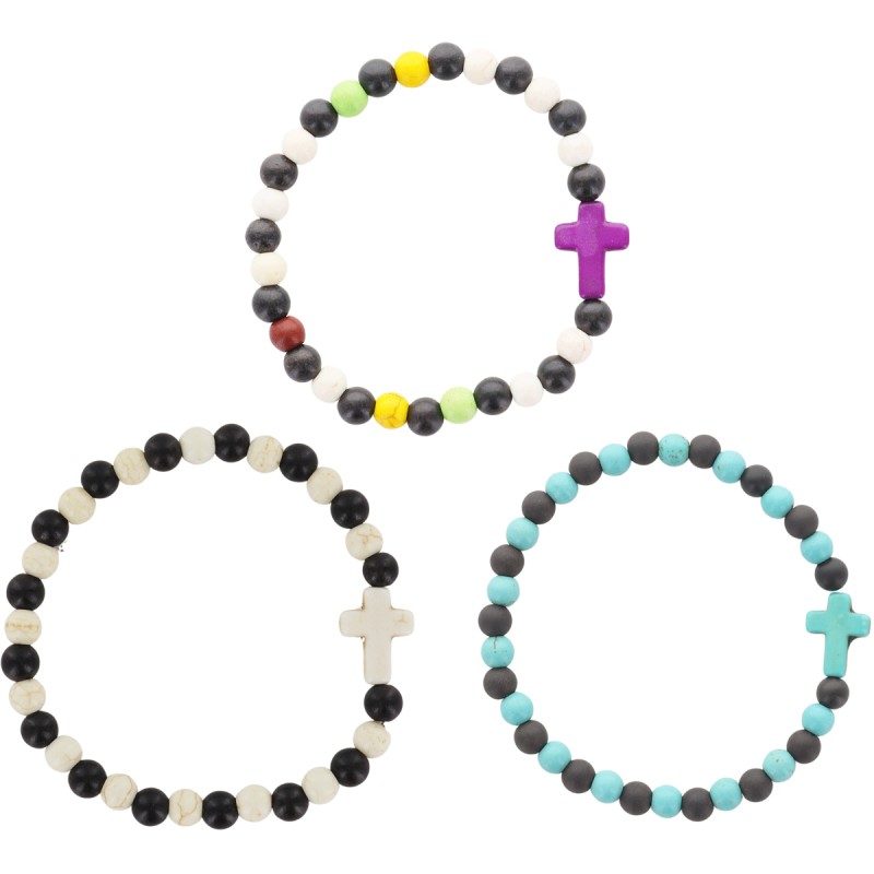Bracelet sur élastique grains bois de santal et turquoise synthétique, Ø 6 mm avec croix.