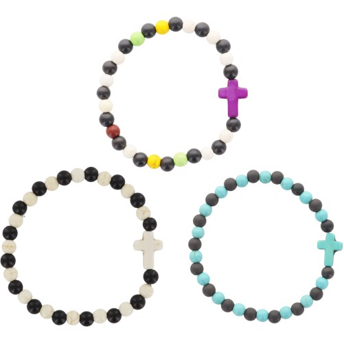 Bracelet sur élastique grains bois de santal et turquoise synthétique, Ø 6 mm avec croix.