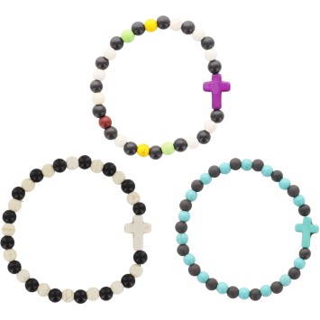 Bracelet sur élastique grains bois de santal et turquoise synthétique, Ø 6 mm avec croix.