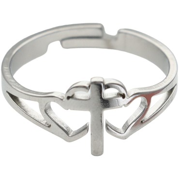 Bague reglable double cœur avec croix au centre en acier inoxydable argentee.