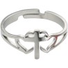 Bague reglable double cœur avec croix au centre en acier inoxydable argentee.