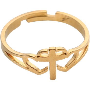 Bague reglable double cœur avec croix au centre en acier inoxydable doree.