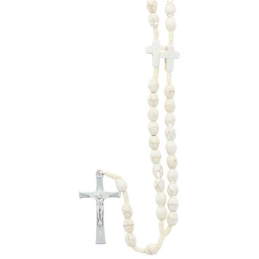 Chapelet sur corde grains en pierre synthetique Ø 8 mm, longueur au cœur 24 cm, croix avec Christ. Livre en boite.