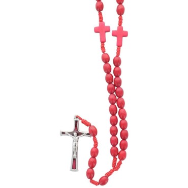 Chapelet sur corde grains en pierre synthetique Ø 8 mm, longueur au cœur 24 cm, croix avec Christ. Livre en boite.