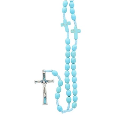 Chapelet sur corde grains en pierre synthetique Ø 8 mm, longueur au cœur 24 cm, croix avec Christ. Livre en boite.