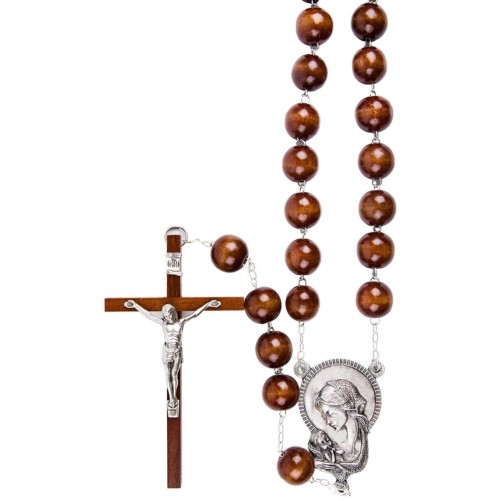 Chapelet du pelerin grains en bois, Ø 20 mm, chaine couleur argentee,  longueur au cœur 72 cm, croix avec Christ.