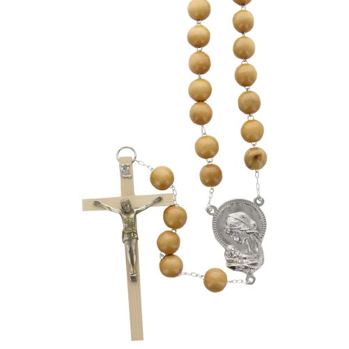 Chapelet du pelerin grains en bois, Ø 20 mm, chaine couleur argentee,  longueur au cœur 72 cm, croix avec Christ.