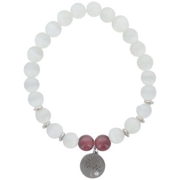 Bracelet sur elastique grains pierre couleur assortie Ø 7 mm, medaille metal arbre de vie.
