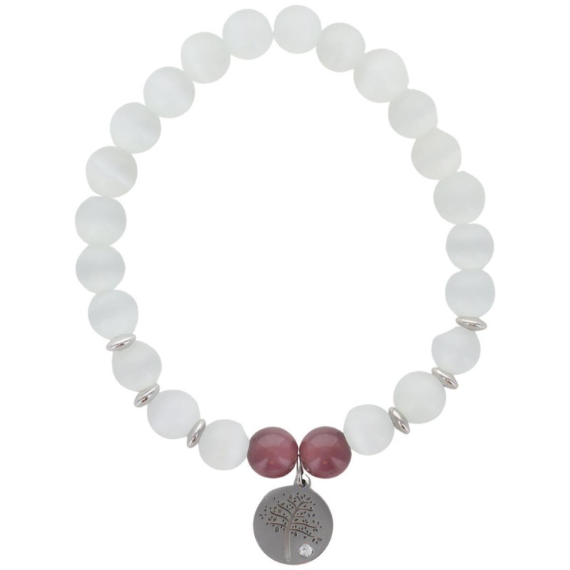 Bracelet sur elastique grains pierre couleur assortie Ø 7 mm, medaille metal arbre de vie.