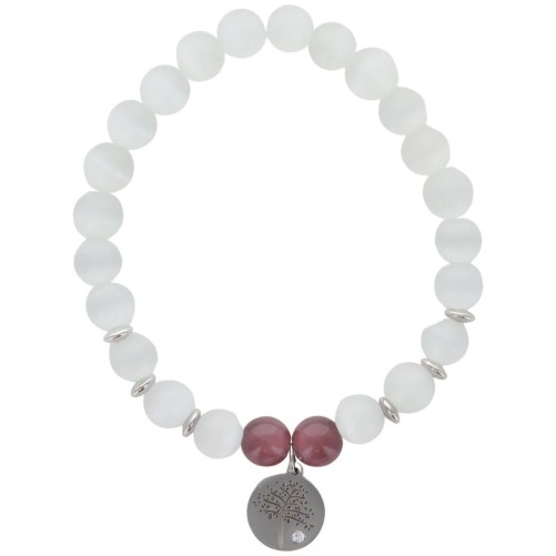 Bracelet sur elastique grains pierre couleur assortie Ø 7 mm, medaille metal arbre de vie.