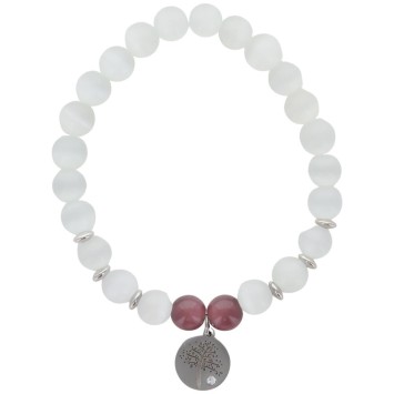 Bracelet sur elastique grains pierre couleur assortie Ø 7 mm, medaille metal arbre de vie.
