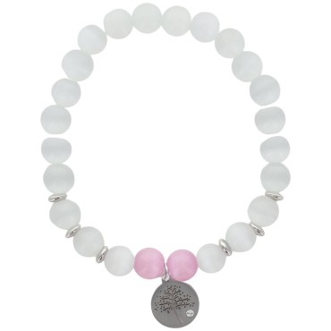 Bracelet sur elastique grains pierre couleur assortie Ø 7 mm, medaille metal arbre de vie.