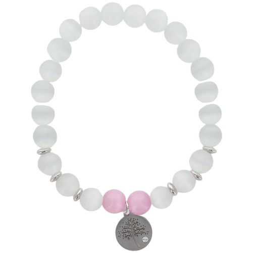 Bracelet sur elastique grains pierre couleur assortie Ø 7 mm, medaille metal arbre de vie.