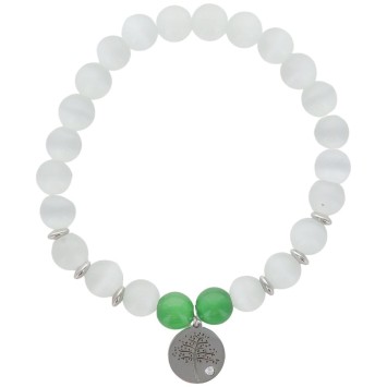 Bracelet sur elastique grains pierre couleur assortie Ø 7 mm, medaille metal arbre de vie.