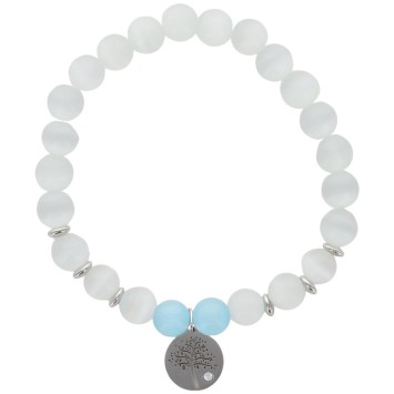 Bracelet sur elastique grains pierre couleur assortie Ø 7 mm, medaille metal arbre de vie.
