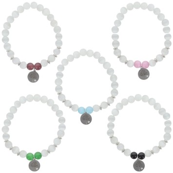 Bracelet sur elastique grains pierre couleur assortie Ø 7 mm, medaille metal arbre de vie.
