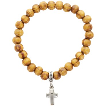 Bracelet sur elastique en bois grains de Ø 8 mm, avec croix metal.