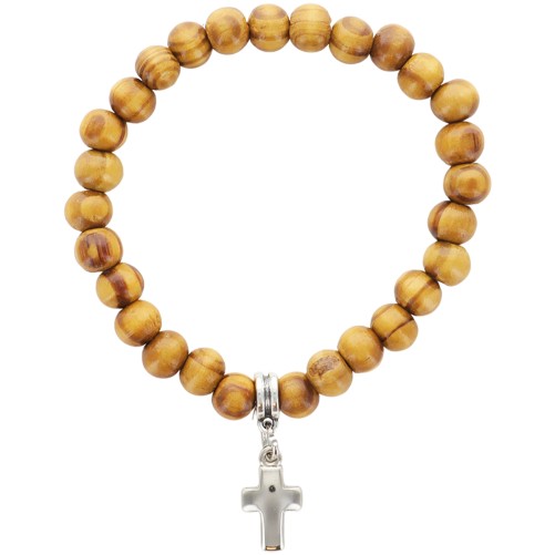 Bracelet sur elastique en bois grains de Ø 8 mm, avec croix metal.