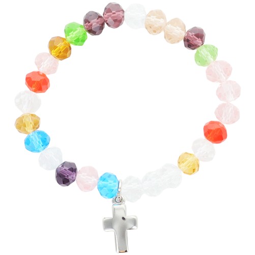 Bracelet sur elastique pour enfant, grains en verre multicolore Ø 6 mm, avec croix metal.