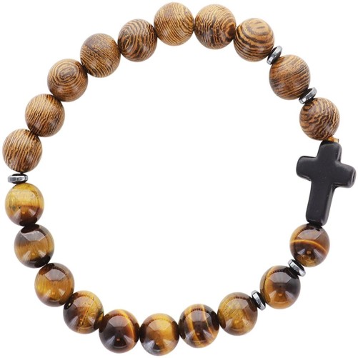 Bracelet sur élastique bois et œil de tigre Ø 8 mm avec croix noire