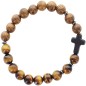 Bracelet sur élastique bois et œil de tigre Ø 8 mm avec croix noire
