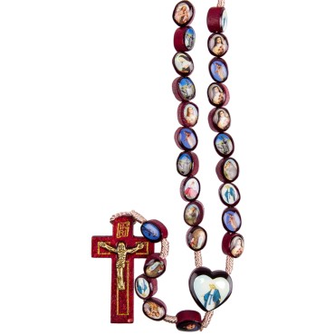 Chapelet des Saints sur corde grains en bois double face Ø 8 mm, longueur au cœur 31 cm, croix avec Christ metal.