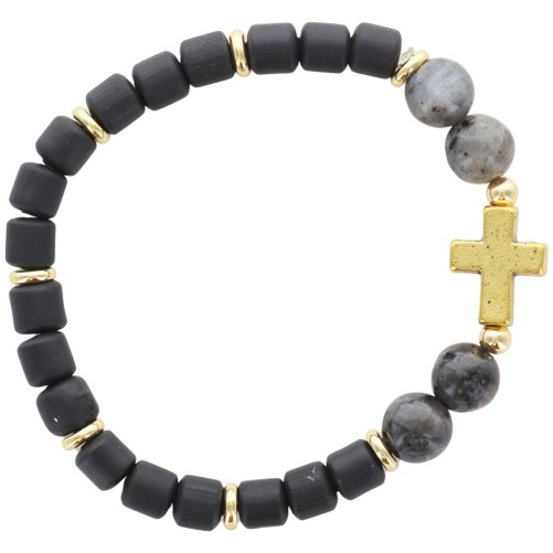 Bracelet sur elastique en labradorite Ø 8 mm et perle cylindrique en pate polymere, avec croix couleur doree.