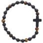 Bracelet sur elastique grains oeil de tigre et agate noire Ø 4 mm, avec croix.