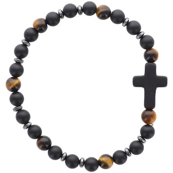 Bracelet sur elastique grains oeil de tigre et agate noire Ø 4 mm, avec croix.