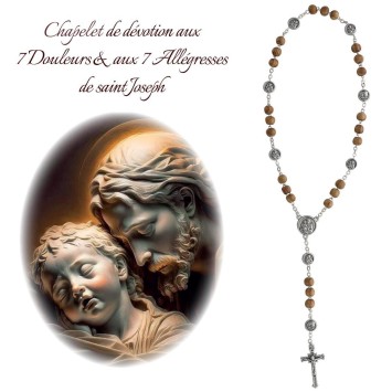 Chapelet de dévotion aux 7 Douleurs et 7 Allégresses de saint Joseph, livré en sachet avec notice explicative.
