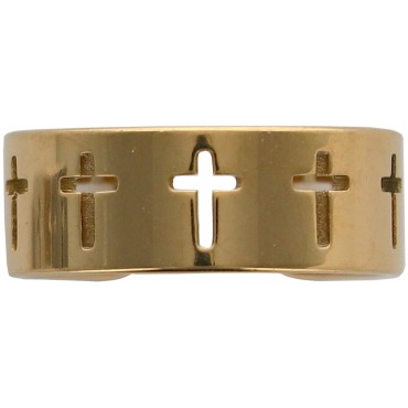 Bague ajustable de couleur doree en acier inoxydable pour femme avec croix ajourees.