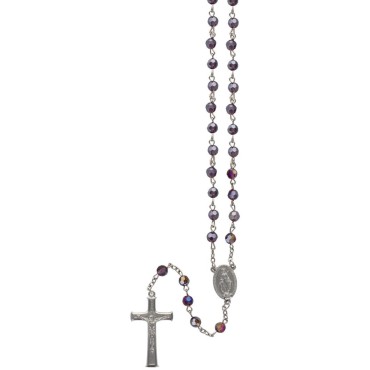 Chapelet sur chaine avec grains a facettes en semi-cristal Ø 7 mm et croix avec Christ. Existe de differentes couleurs.