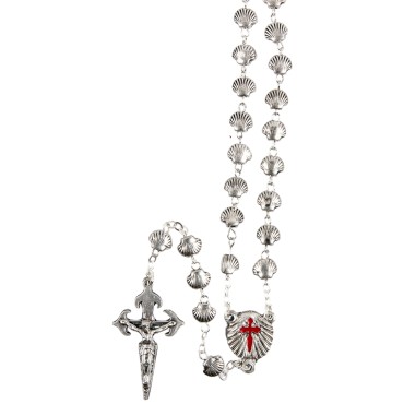 Chapelet metal de saint Jacques grains forme coquille, Ø 8 mm sur chaine et croix avec Christ plus boite.