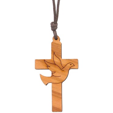 Croix de cou en bois avec l Esprit Saint H. 4.50 cm avec cordon de 39 cm.