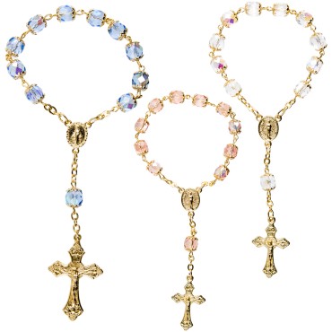 Dizainier sur chaine couleur doree grains semi cristal plusieurs couleurs Ø 7 mm, croix metal avec Christ.