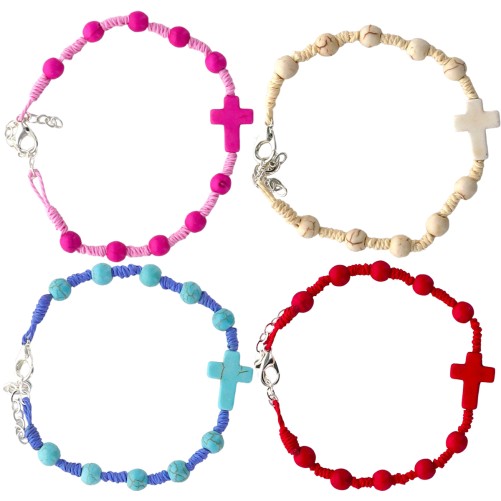Bracelet dizainier pour enfant sur corde avec fermoir grains et croix en pierre teinte Ø 5 mm Differentes couleurs