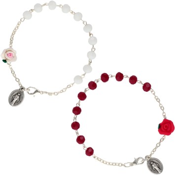Bracelet dizainier sur chaine grains a facettes et forme rose Ø 5 mm, avec medaille de la V. Miraculeusec. Differentes couleurs