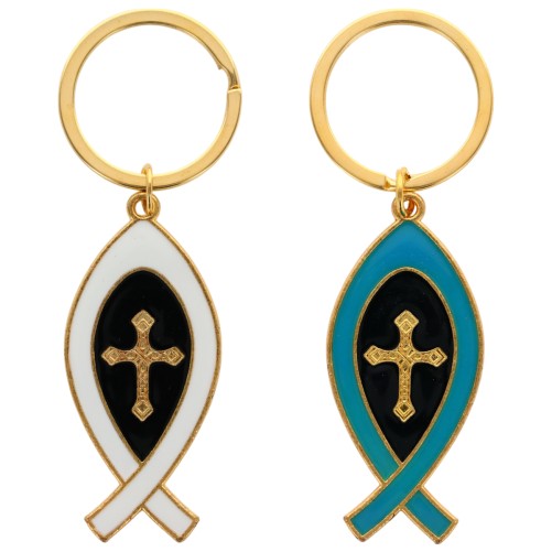 Porte-cles Ictus en metal de couleur dore avec croix au centre, hauteur 5 cm. Existe de differentes couleurs.