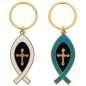 Porte-cles Ictus en metal de couleur dore avec croix au centre, hauteur 5 cm. Existe de differentes couleurs.