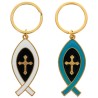 Porte-cles Ictus en metal de couleur dore avec croix au centre, hauteur 5 cm. Existe de differentes couleurs.