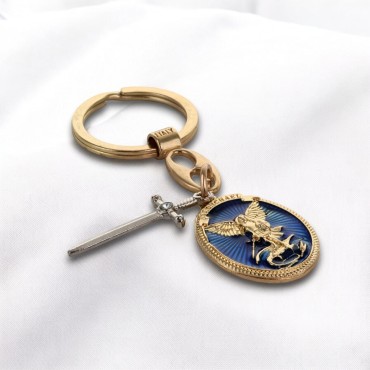 Porte-clés en métal doré, émail bleu, Saint Michel avec rayons et breloque épée – H. 3 cm.