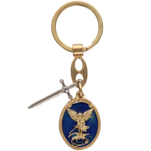 Porte-clés en métal doré, émail bleu, Saint Michel avec rayons et breloque épée – H. 3 cm.
