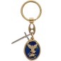 Porte-clés en métal doré, émail bleu, Saint Michel avec rayons et breloque épée – H. 3 cm.