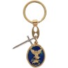 Porte-clés en métal doré, émail bleu, Saint Michel avec rayons et breloque épée – H. 3 cm.