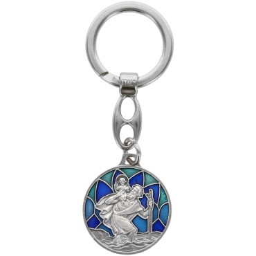 Porte-clés rond argenté représentant Saint Christophe, décor vitrail coloré – Ø 3 cm.