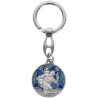 Porte-clés rond argenté représentant Saint Christophe, décor vitrail coloré – Ø 3 cm.