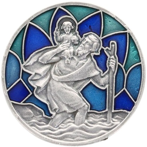 Plaque auto argentée Saint Christophe, style vitrail coloré – Ø 3 cm.